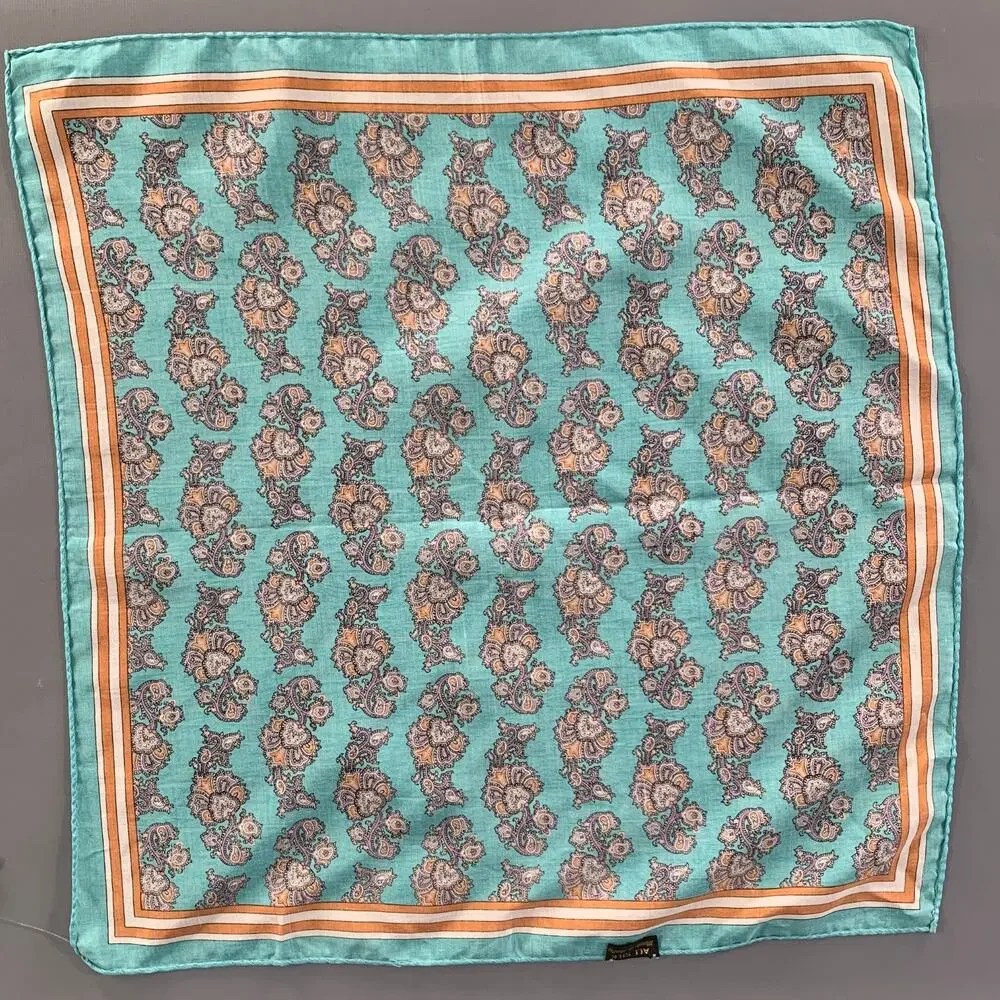 NO BRAND Teal Orange Paisley Silk Pocket Square
